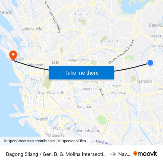 Bagong Silang / Gen. B. G. Molina Intersection, Marikina City, Manila to Navotas map