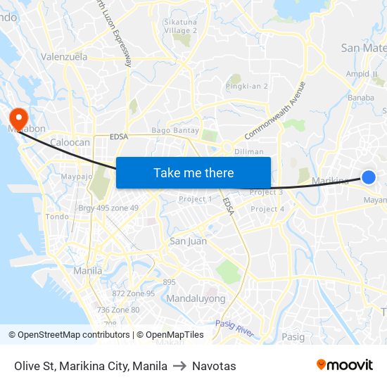 Olive St, Marikina City, Manila to Navotas map