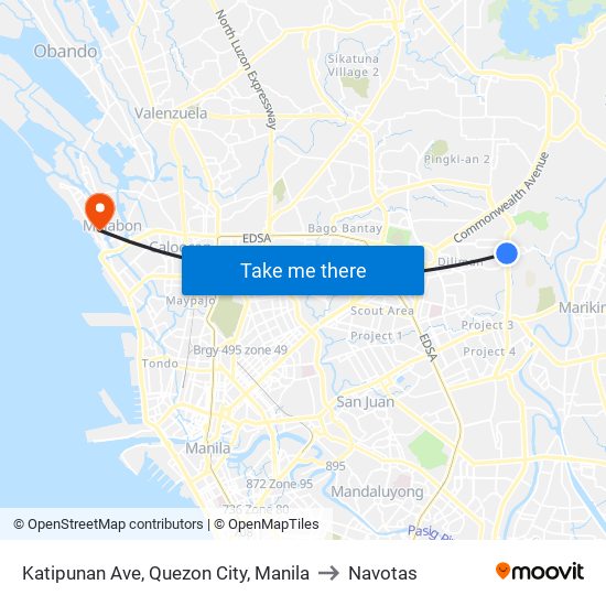 Katipunan Ave, Quezon City, Manila to Navotas map
