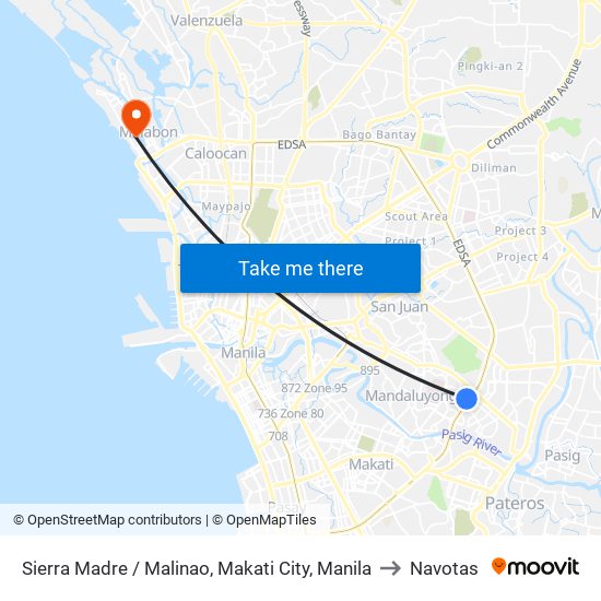 Sierra Madre / Malinao, Makati City, Manila to Navotas map