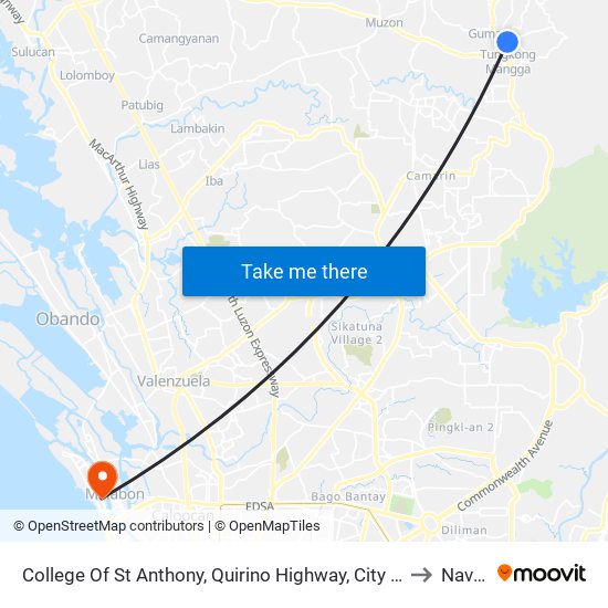 College Of St Anthony, Quirino Highway, City Of San Jose Del Monte to Navotas map