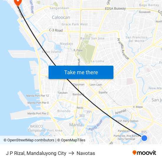 J P Rizal, Mandaluyong City to Navotas map