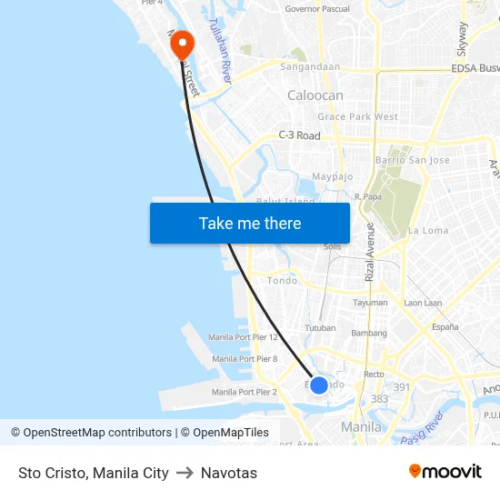 Sto Cristo, Manila City to Navotas map