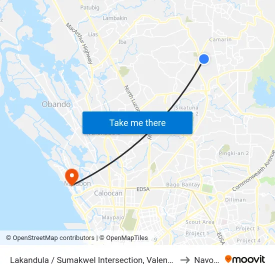 Lakandula / Sumakwel Intersection, Valenzuela City to Navotas map