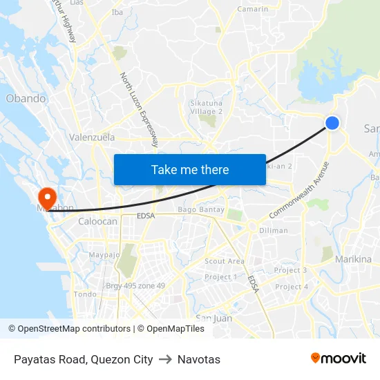 Payatas Road, Quezon City to Navotas map