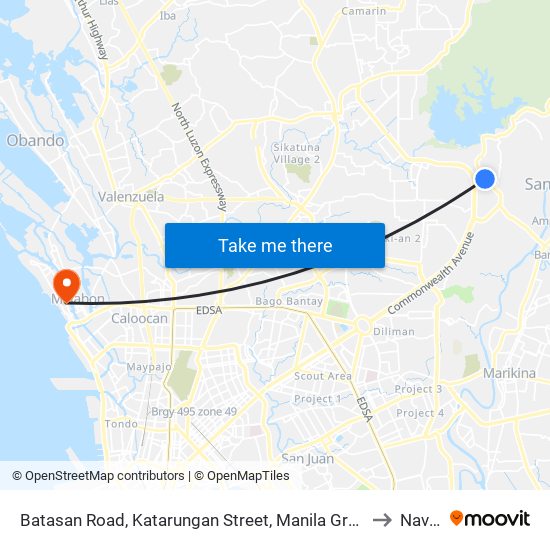 Batasan Road, Katarungan Street, Manila Gravel Pit Road, Quezon City to Navotas map