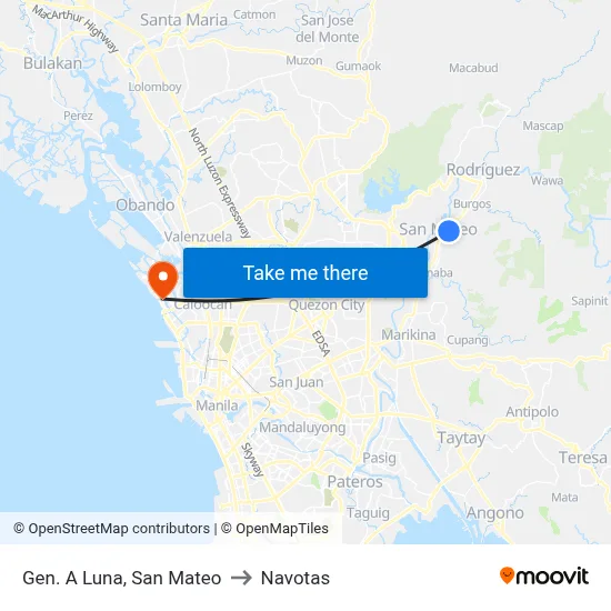 Gen. A Luna, San Mateo to Navotas map