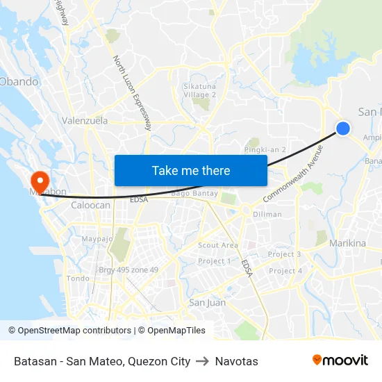 Batasan - San Mateo, Quezon City to Navotas map