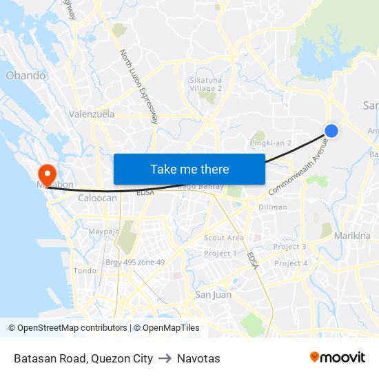 Batasan Road, Quezon City to Navotas map