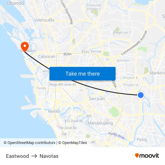 Eastwood to Navotas map