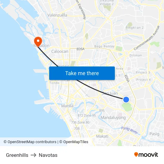 Greenhills to Navotas map