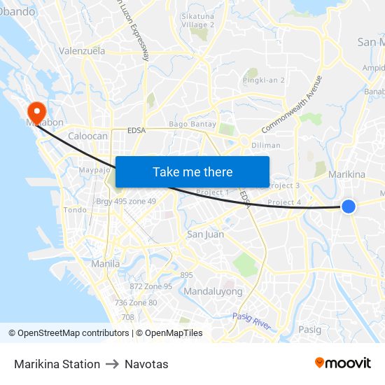 Marikina Station to Navotas map