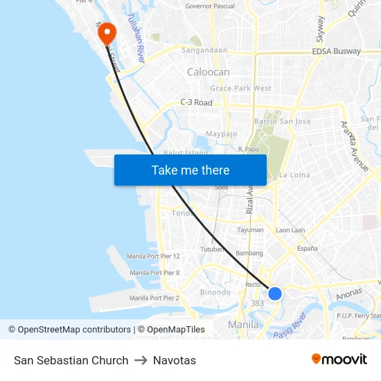 San Sebastian Church to Navotas map