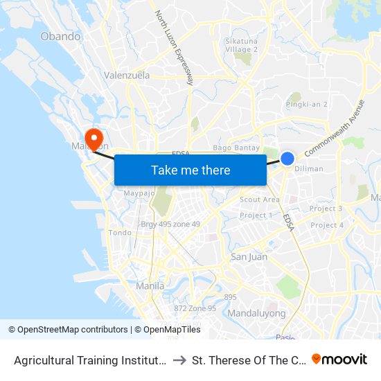Agricultural Training Institute, Elliptical Rd, Quezon City to St. Therese Of The Child Jesus Academy map