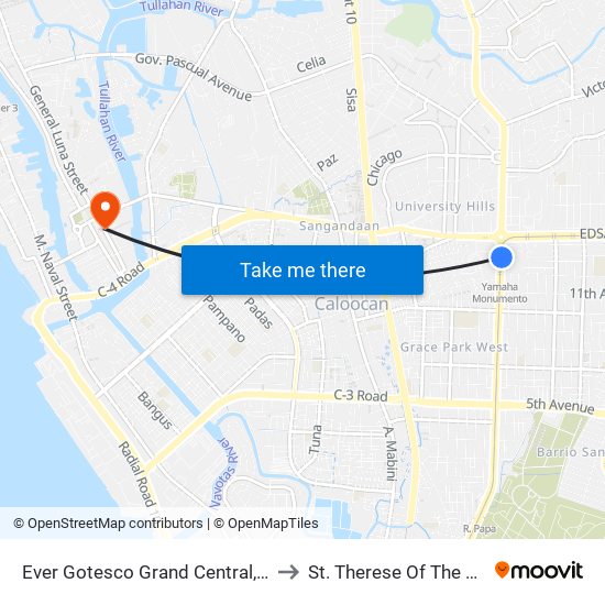 Ever Gotesco Grand Central, Rizal Avenue, Caloocan City to St. Therese Of The Child Jesus Academy map