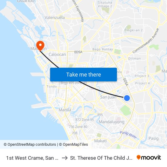 1st West Crame, San Juan, Manila to St. Therese Of The Child Jesus Academy map