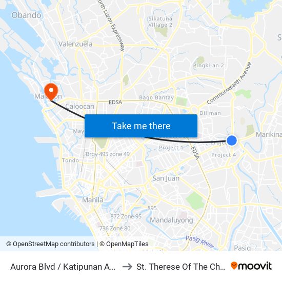 Aurora Blvd / Katipunan Ave, Quezon City, Manila to St. Therese Of The Child Jesus Academy map