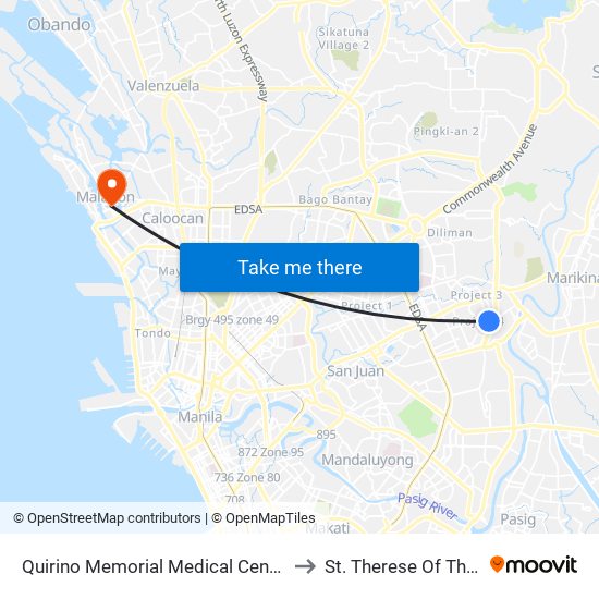 Quirino Memorial Medical Cener, J.P. Rizal Street, Quezon City, Manila to St. Therese Of The Child Jesus Academy map