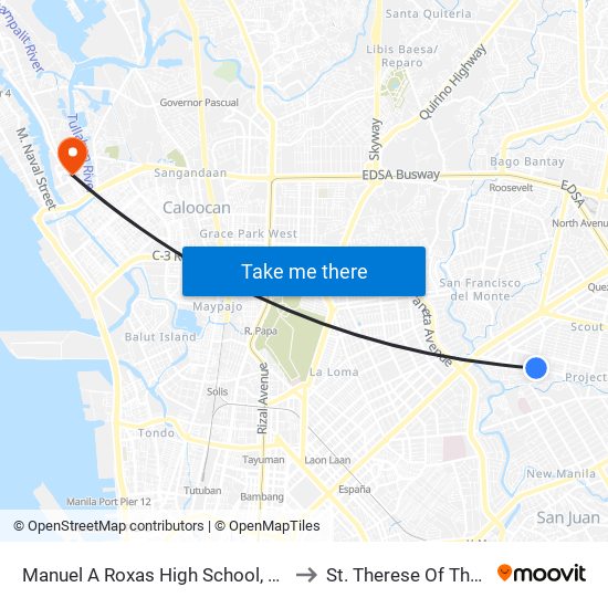 Manuel A Roxas High School, Scout Chuatoco, Quezon City, Manila to St. Therese Of The Child Jesus Academy map