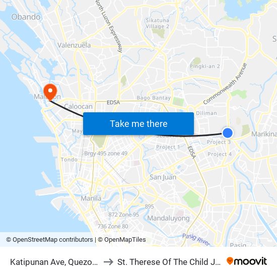 Katipunan Ave, Quezon City, Manila to St. Therese Of The Child Jesus Academy map