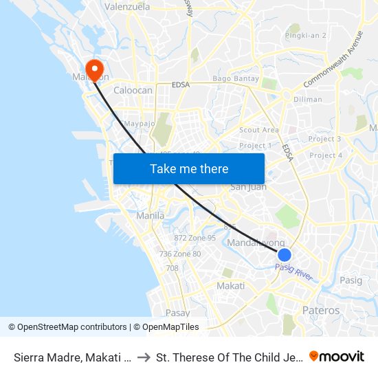 Sierra Madre, Makati City, Manila to St. Therese Of The Child Jesus Academy map