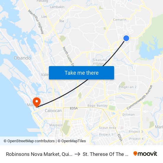 Robinsons Nova Market, Quirino Highway, Caloocan City to St. Therese Of The Child Jesus Academy map