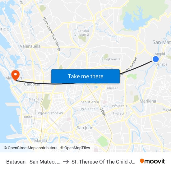 Batasan - San Mateo, Quezon City to St. Therese Of The Child Jesus Academy map