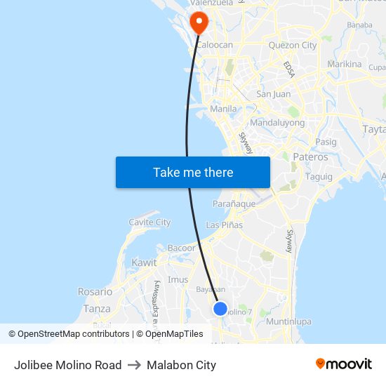 Jolibee Molino Road to Malabon City map