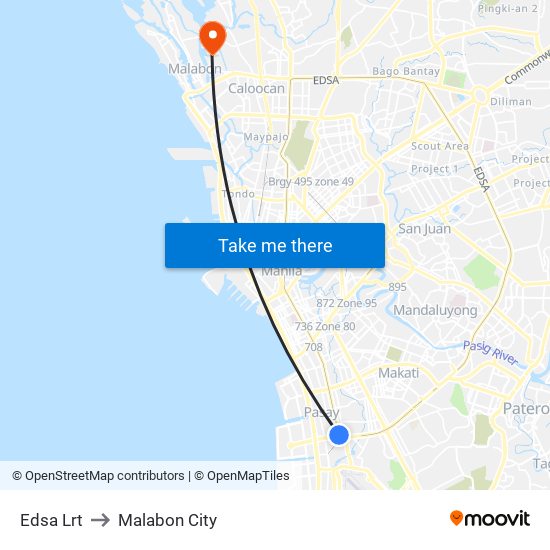 Edsa Lrt to Malabon City map
