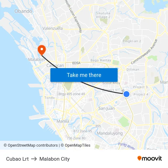Cubao Lrt to Malabon City map