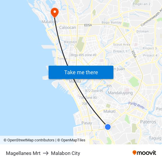 Magellanes Mrt to Malabon City map