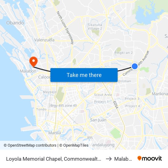 Loyola Memorial Chapel, Commonwealth Avenue, Quezon City to Malabon City map