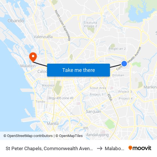 St Peter Chapels, Commonwealth Avenue, Quezon City to Malabon City map