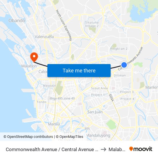 Commonwealth Avenue / Central Avenue Intersection, Quezon City to Malabon City map