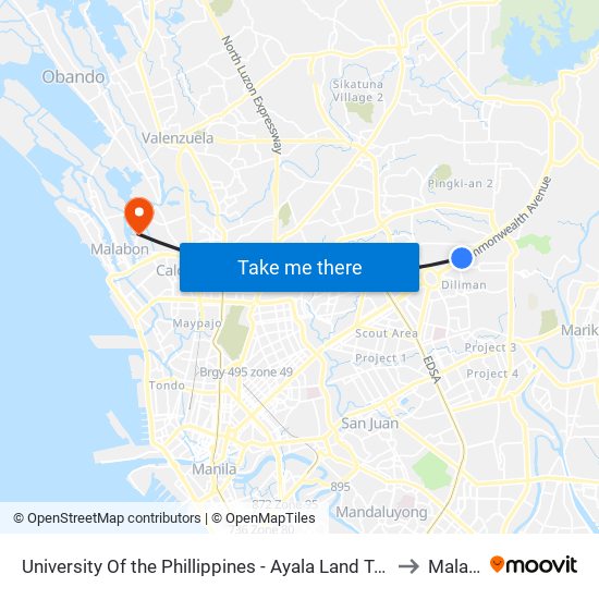 University Of the Phillippines - Ayala Land Technohub, Commonwealth Avenue, Quezon City to Malabon City map