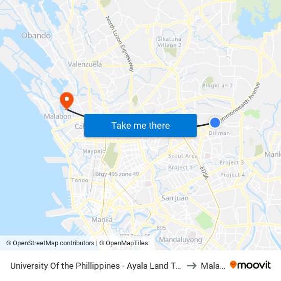 University Of the Phillippines - Ayala Land Technohub, Commonwealth Avenue, Quezon City to Malabon City map