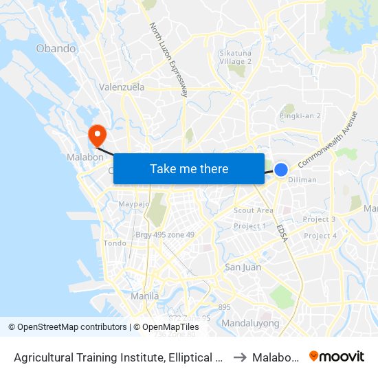 Agricultural Training Institute, Elliptical Rd, Quezon City to Malabon City map