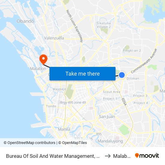 Bureau Of Soil And Water Management, Elliptical Rd, Quezon City to Malabon City map