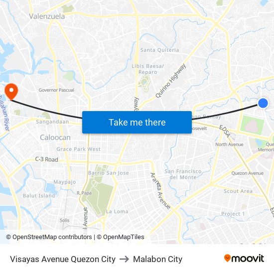 Visayas Avenue Quezon City to Malabon City map