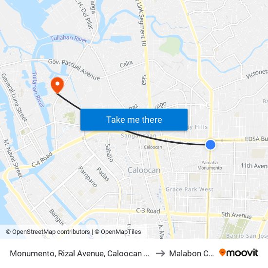 Monumento, Rizal Avenue, Caloocan City to Malabon City map