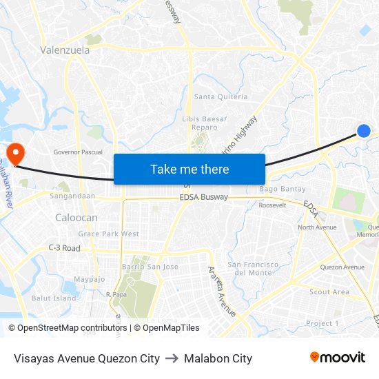 Visayas Avenue Quezon City to Malabon City map
