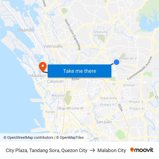 City Plaza, Tandang Sora, Quezon City to Malabon City map