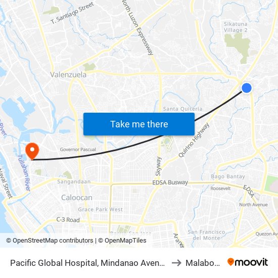 Pacific Global Hospital, Mindanao Avenue, Quezon City to Malabon City map