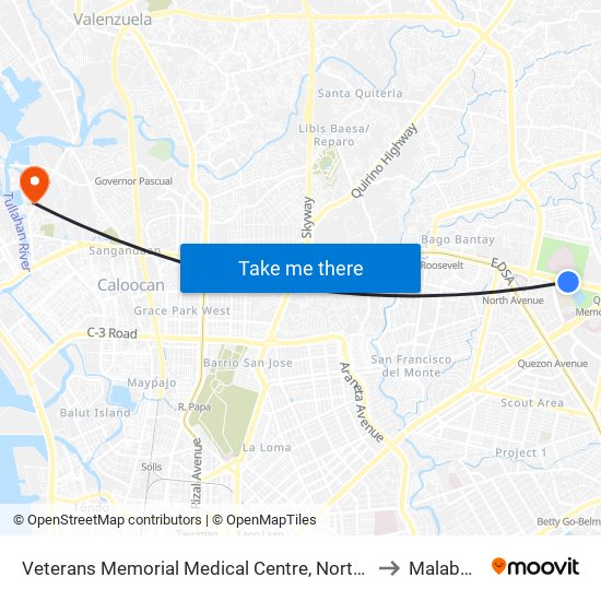 Veterans Memorial Medical Centre, North Avenue, Quezon City to Malabon City map
