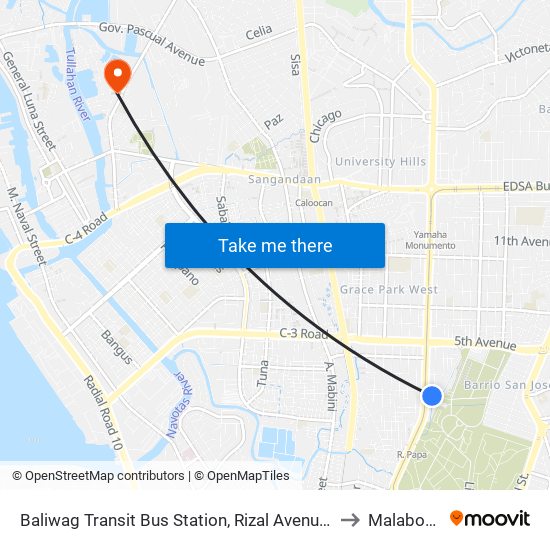 Baliwag Transit Bus Station, Rizal Avenue, Caloocan City to Malabon City map
