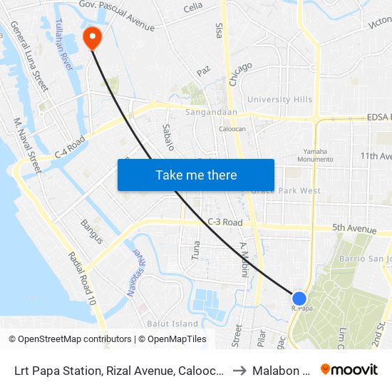 Lrt Papa Station, Rizal  Avenue, Caloocan City to Malabon City map
