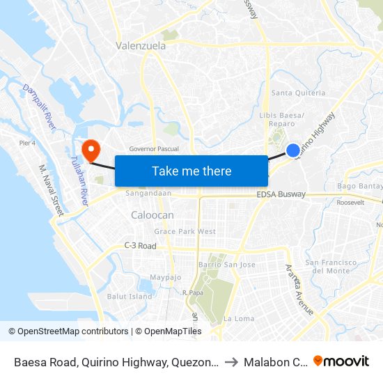 Baesa Road, Quirino Highway, Quezon City to Malabon City map