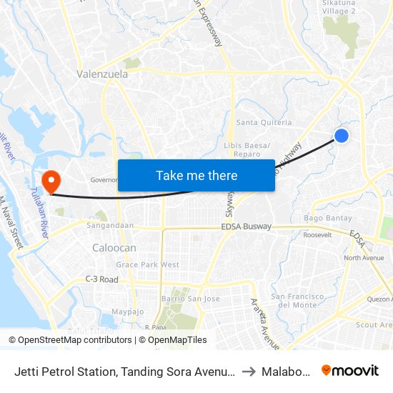 Jetti Petrol Station, Tanding Sora Avenue, Quezon City to Malabon City map