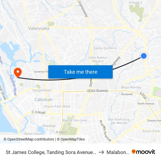 St James College, Tanding Sora Avenue, Quezon City to Malabon City map