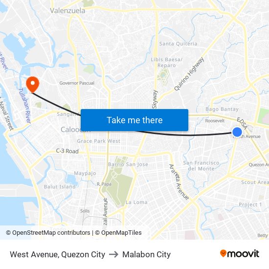 West Avenue, Quezon City to Malabon City map